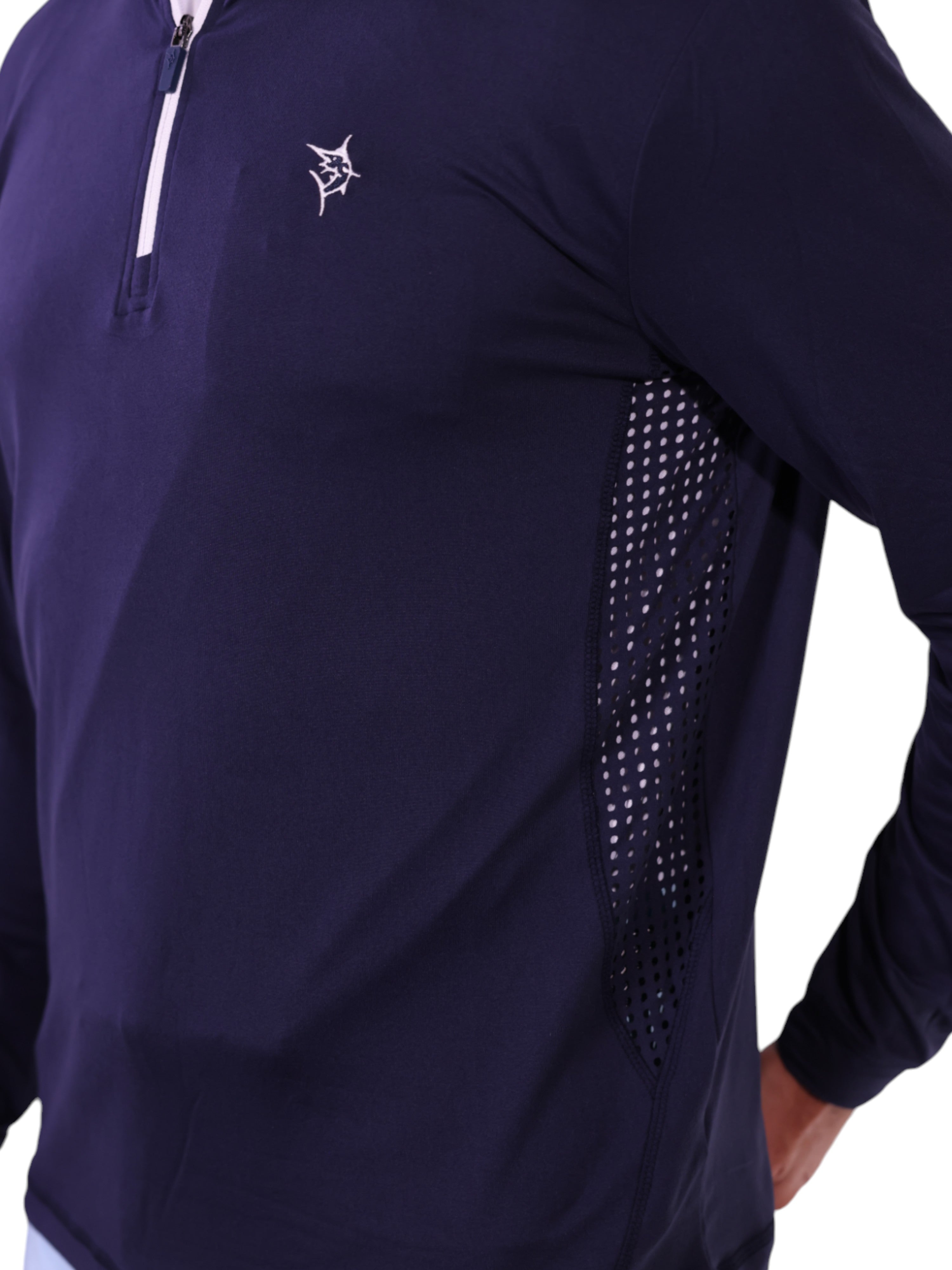 Navy long-sleeve athletic shirt with a logo on a white background