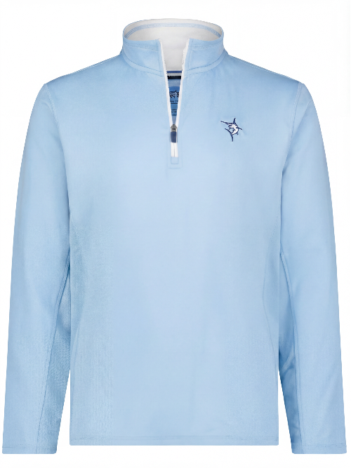 Light blue long-sleeve shirt with a small logo on a white background