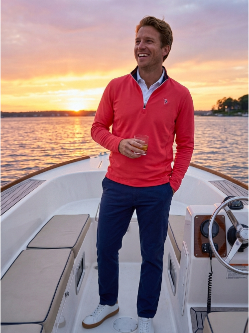 Man in a red shirt and blue pants standing on a boat at sunset.