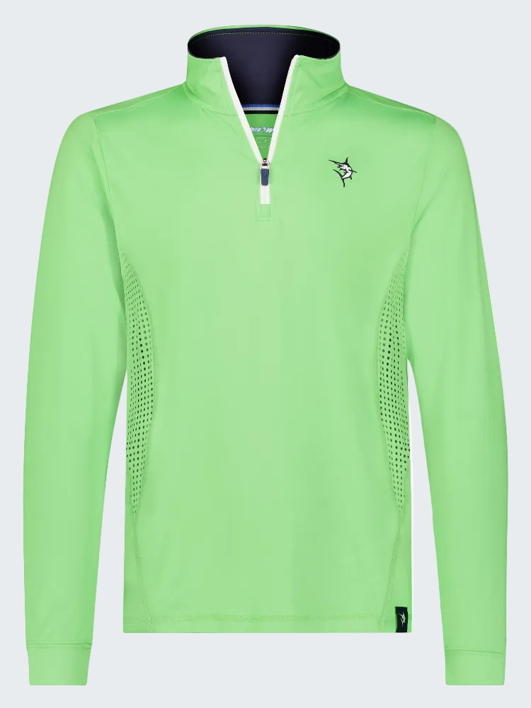 Light green long-sleeve shirt with a brand logo on a white background