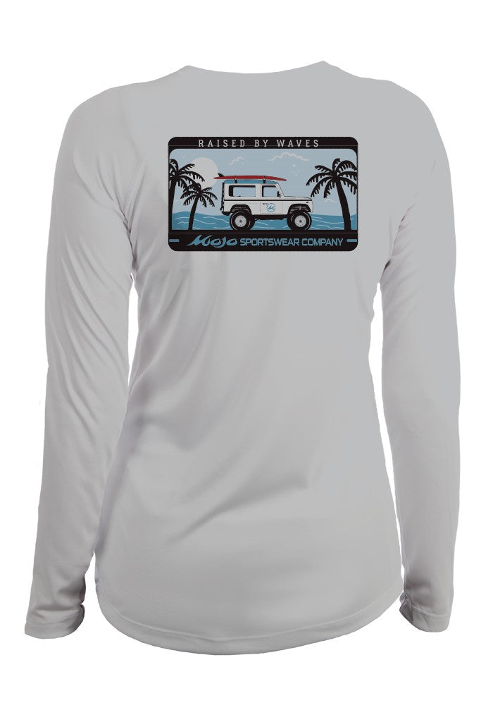 Gray long-sleeve shirt with a graphic of a van and palm trees on a white background