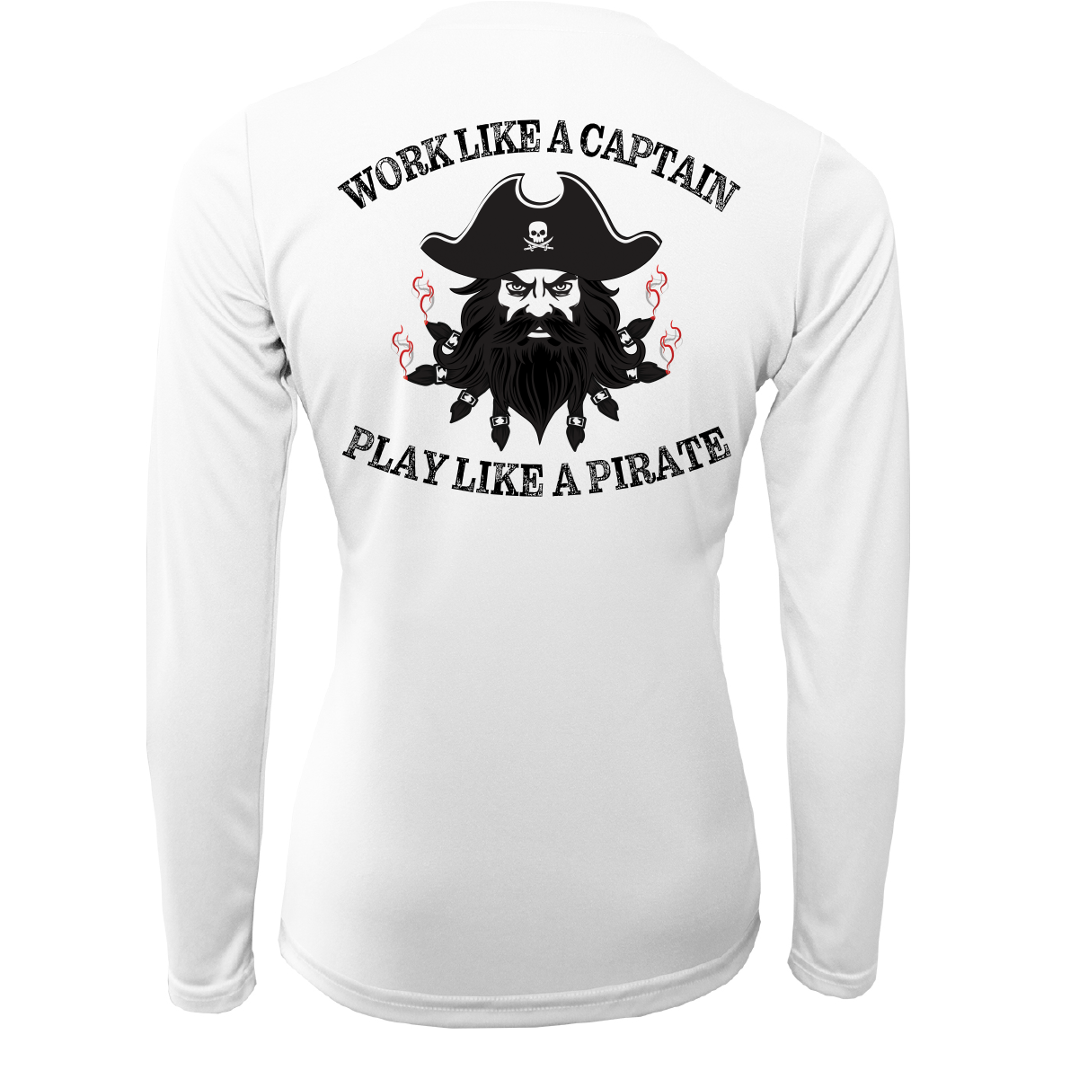 White long-sleeve shirt with pirate-themed design and text on a white background