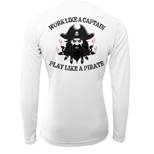 White long-sleeve shirt with pirate-themed design and text on a white background