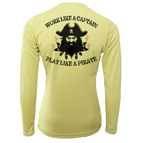 Yellow long-sleeve shirt with pirate-themed design and text on a white background