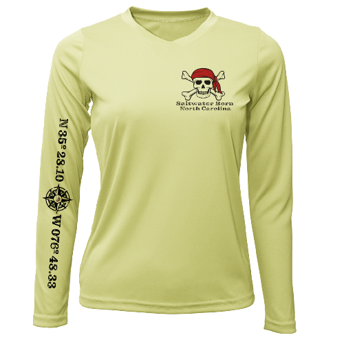 Light green long-sleeve shirt with skull and crossbones design and text on a white background