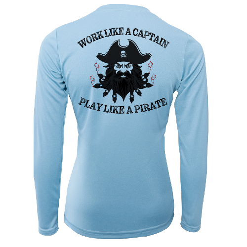 Light blue long-sleeve shirt with pirate-themed design and text on a white background