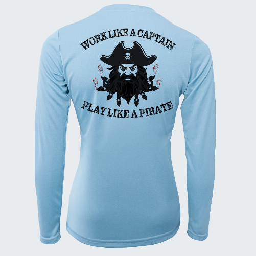 Light blue long-sleeve shirt with pirate-themed design and text on a white background