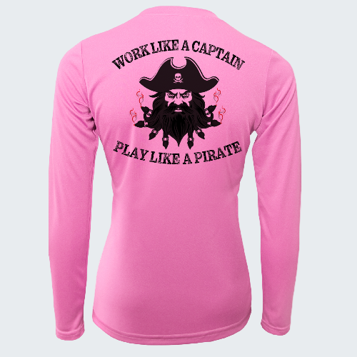 Pink long-sleeve shirt with pirate-themed text and graphics on the back