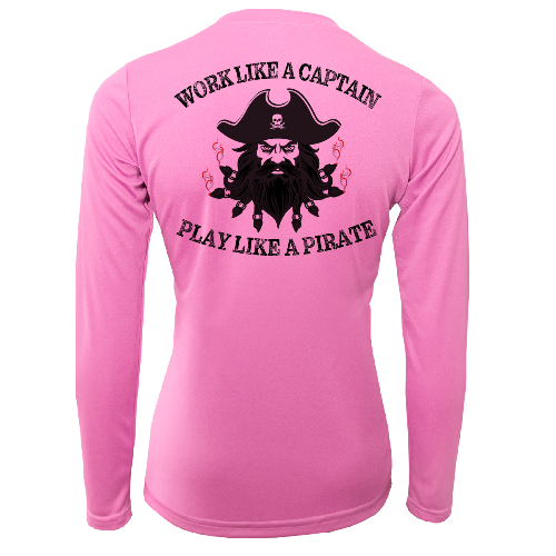 Pink long-sleeve shirt with pirate-themed text and graphics on the back