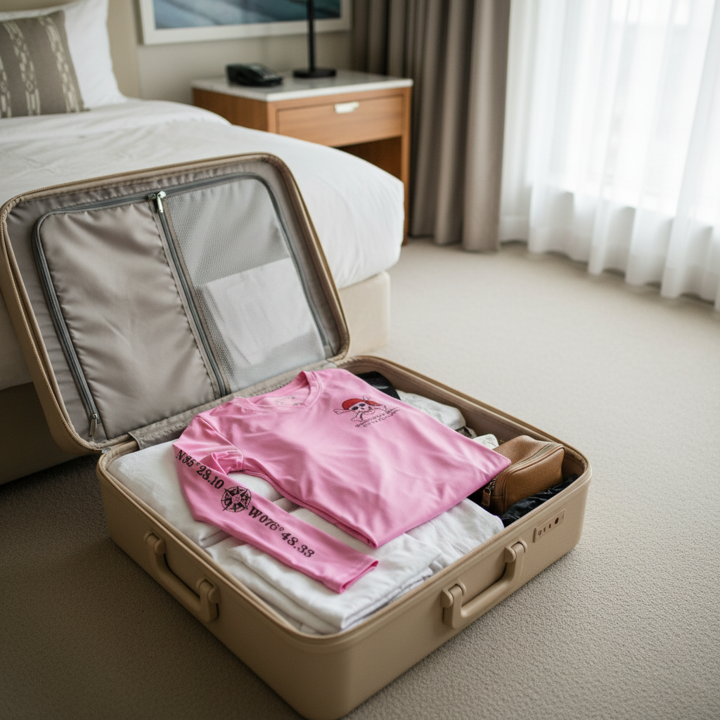 Pink long-sleeve shirt with skull and crossbones design and text on a white background