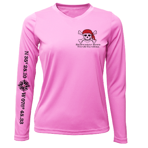 Pink long-sleeve shirt with skull and crossbones design and text on a white background