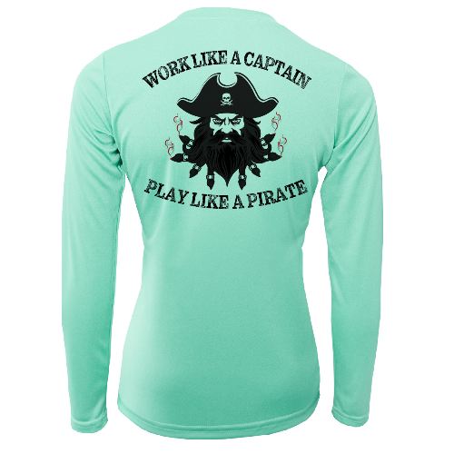Mint green long-sleeve shirt with pirate design and text on a white background