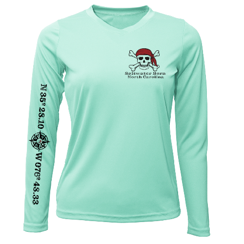 Mint green long-sleeve shirt with skull and crossbones design and text on a white background