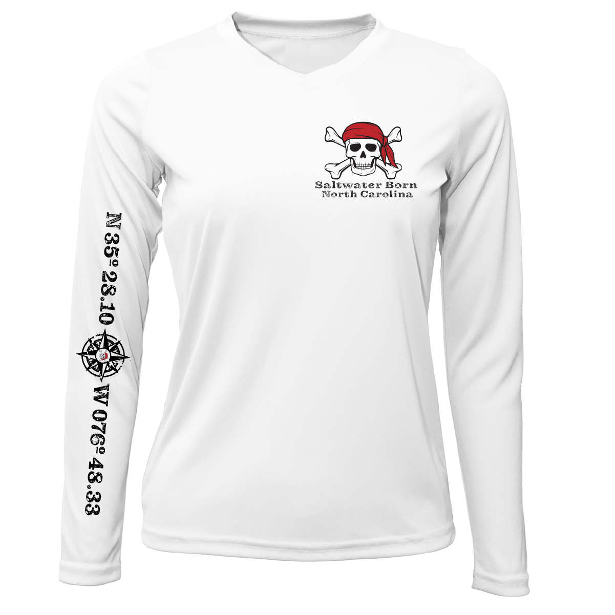 White long-sleeve shirt with a skull and crossbones design and text on a white background
