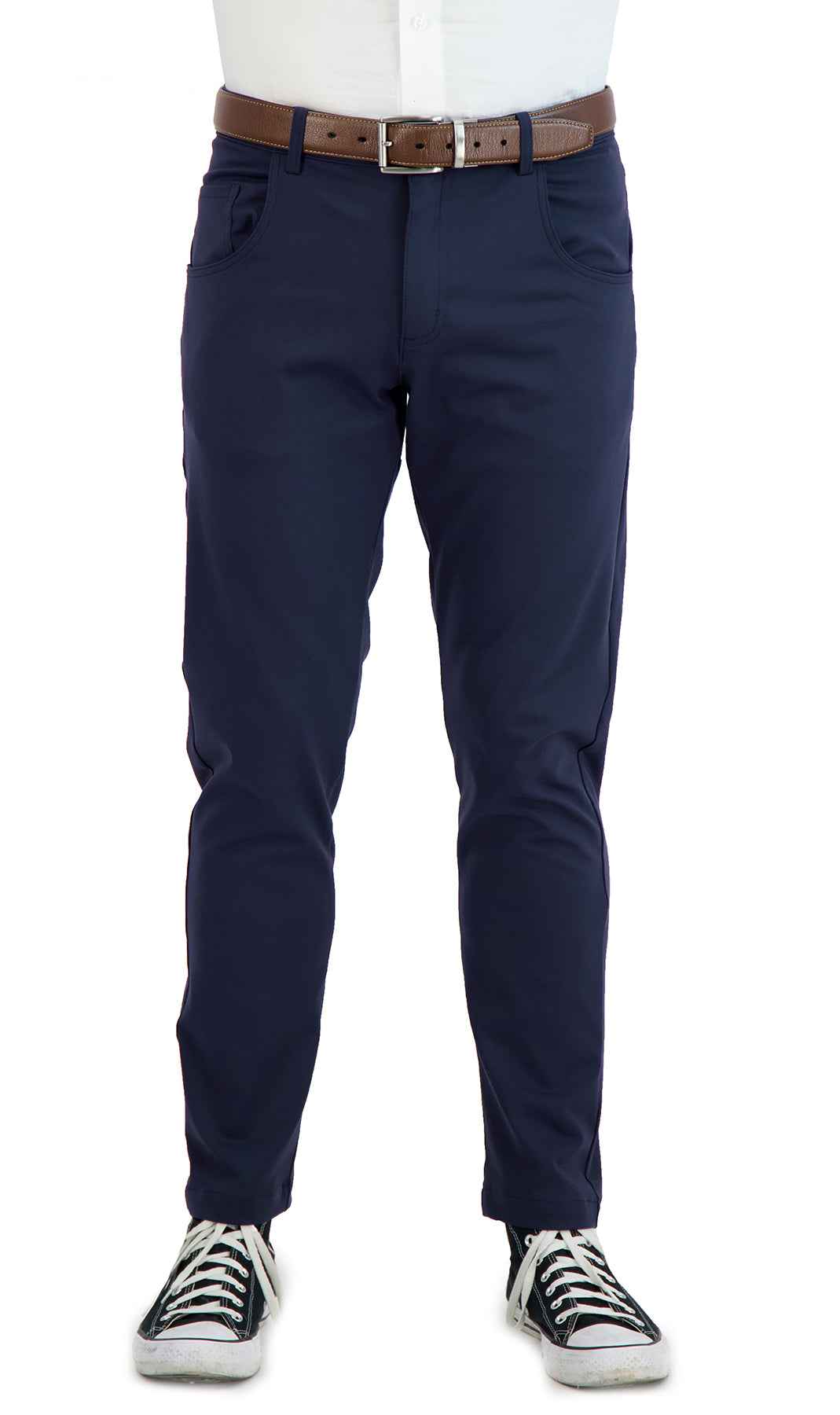 Navy blue pants worn by a person on a white background