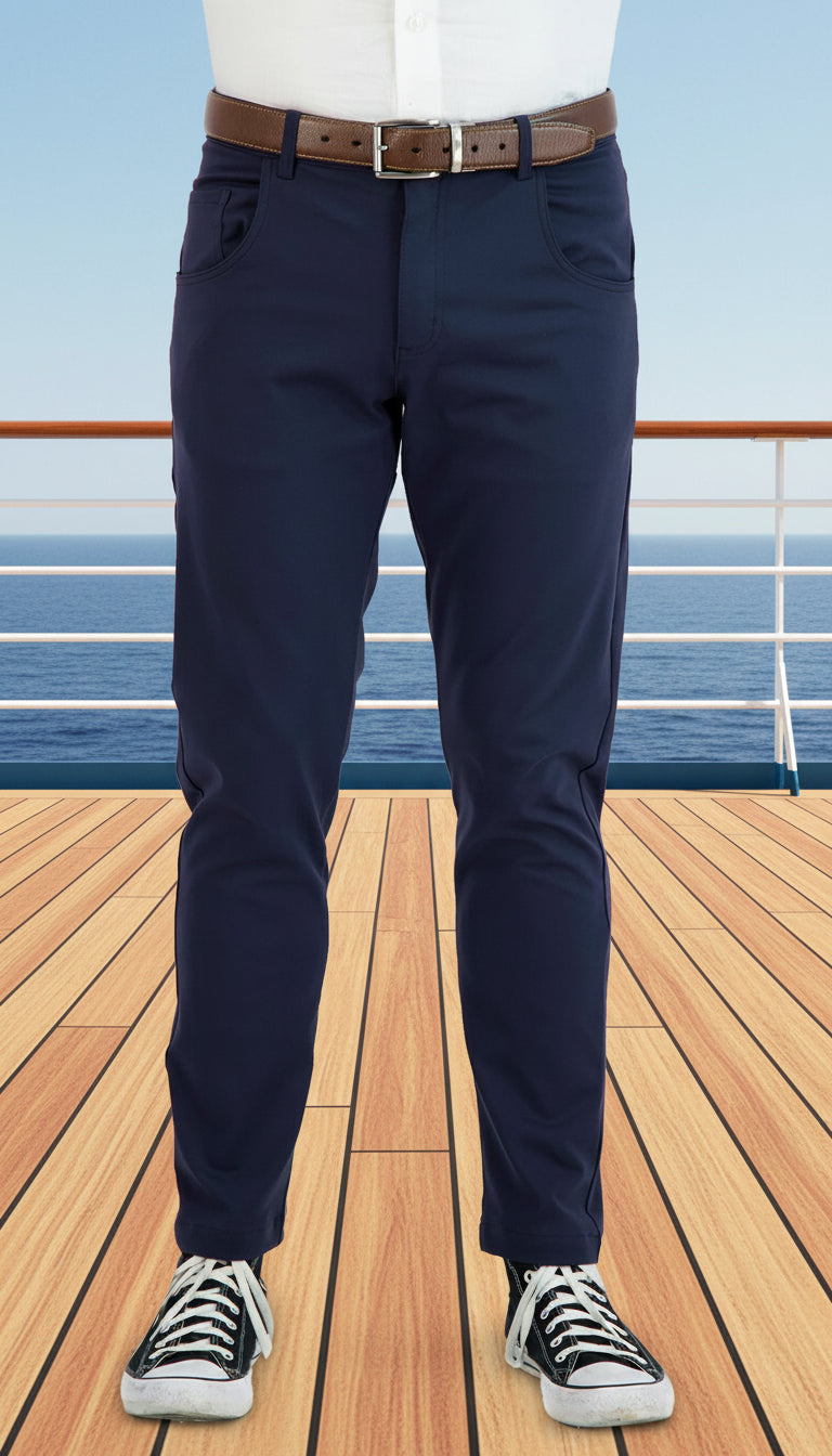 Navy blue pants worn by a person on a white background