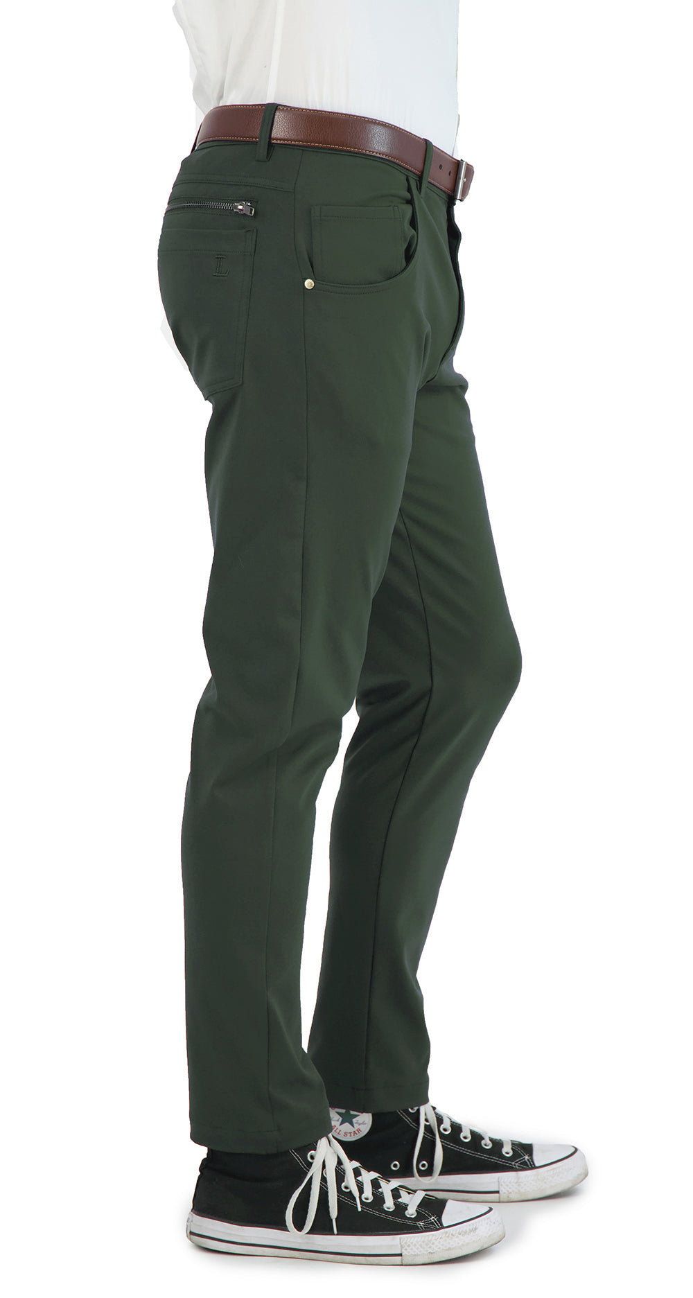 Green pants worn by a person on a white background