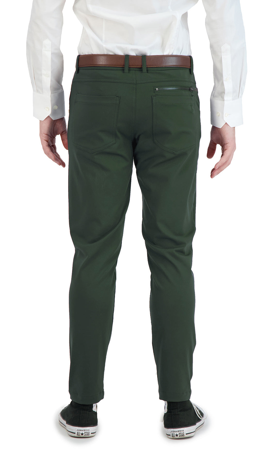 Person wearing green pants and a white shirt on a white background