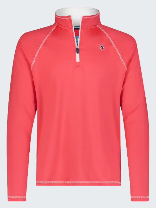 Red long-sleeve shirt with a small logo on a white background