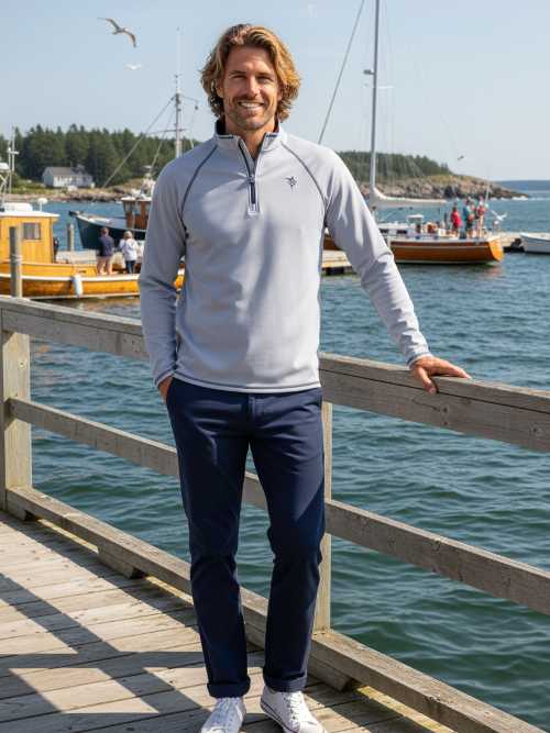 Man standing on a dock by the water wearing a light gray long-sleeve shirt and dark blue pants.