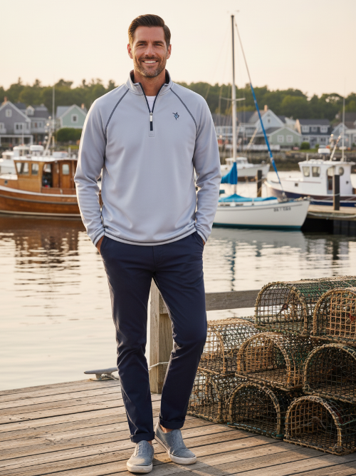 Man standing on a dock by a harbor with boats and lobster traps in the background