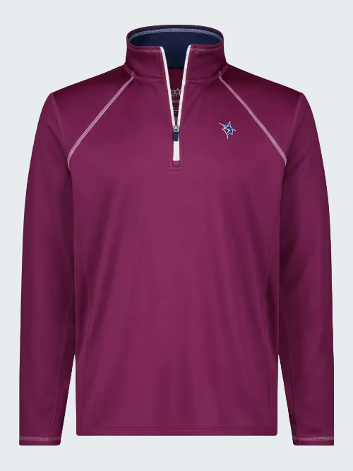 Maroon quarter-zip pullover with a logo on a white background