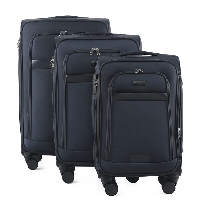 Three black suitcases of different sizes on a white background