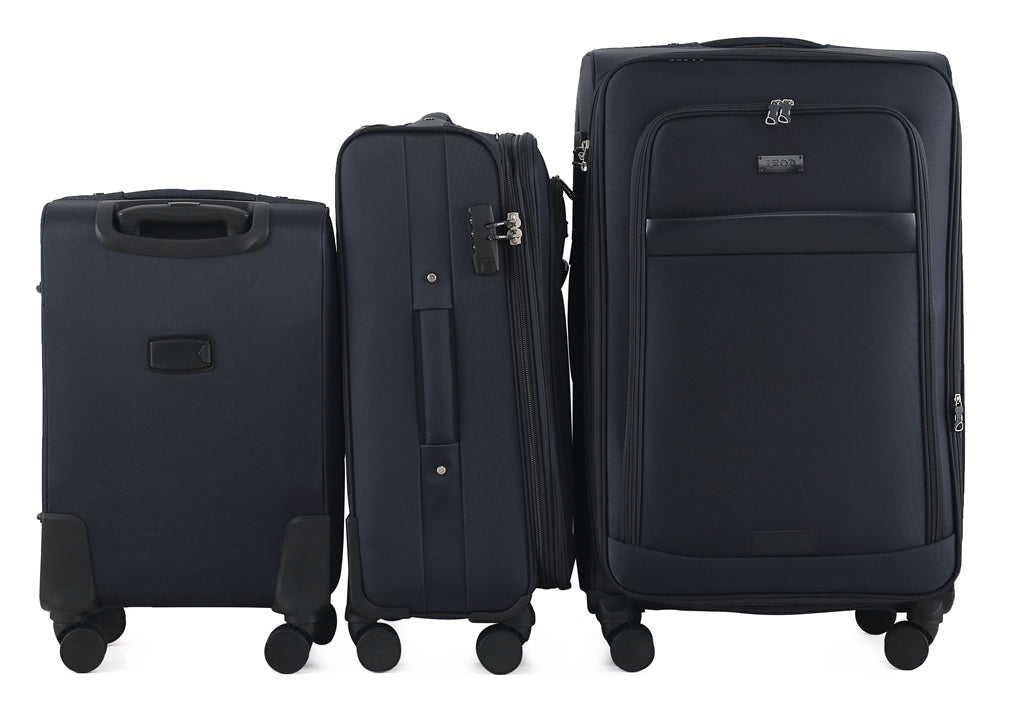 Three black suitcases of different sizes on a white background