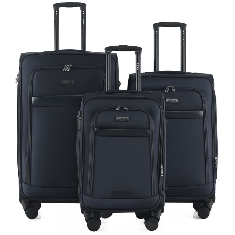 Three black suitcases of different sizes on a white background