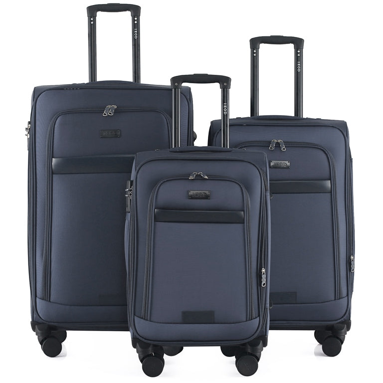 Three navy blue suitcases of different sizes on a white background