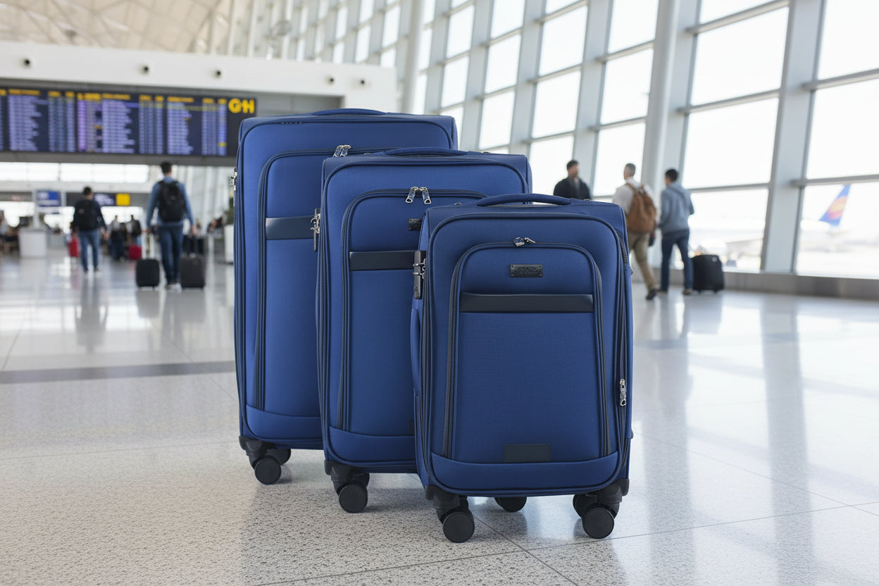 Three blue suitcases of different sizes on a white background