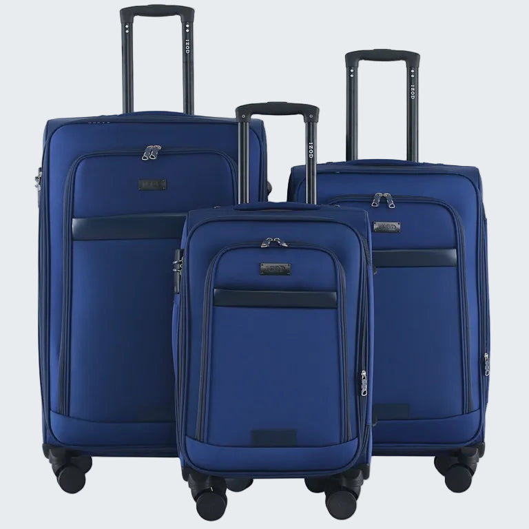 Three blue suitcases of different sizes on a white background