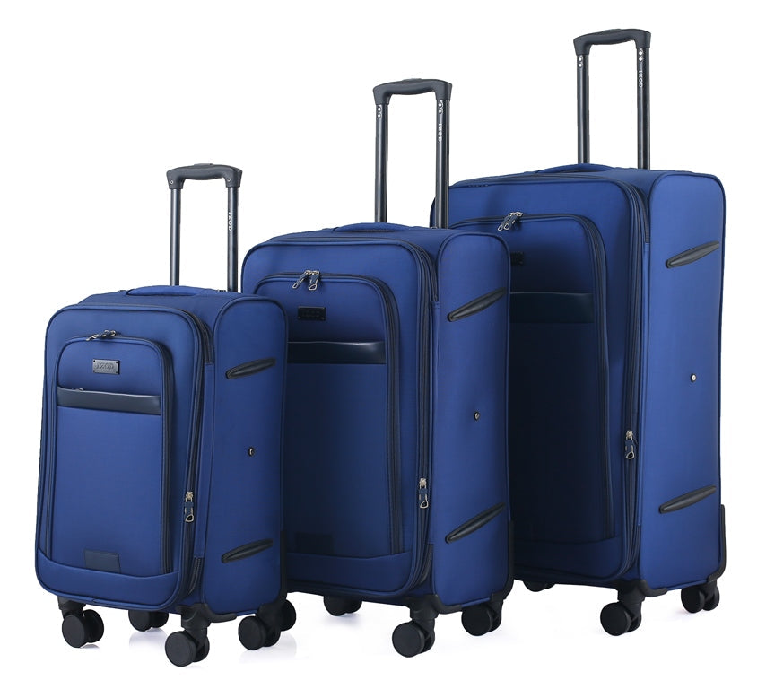 Three blue suitcases of different sizes on a white background