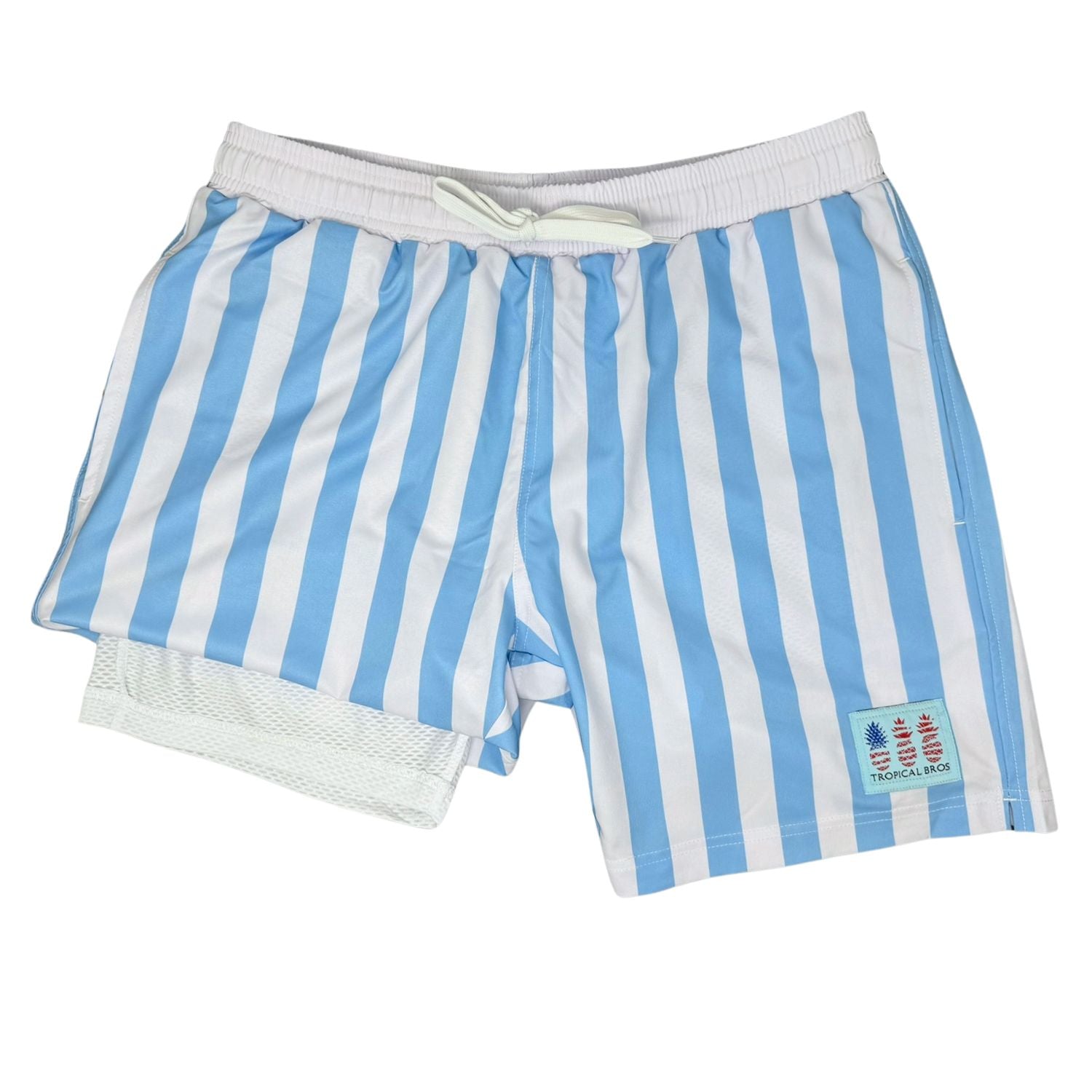 Blue and white striped shorts with a brand label on a white background