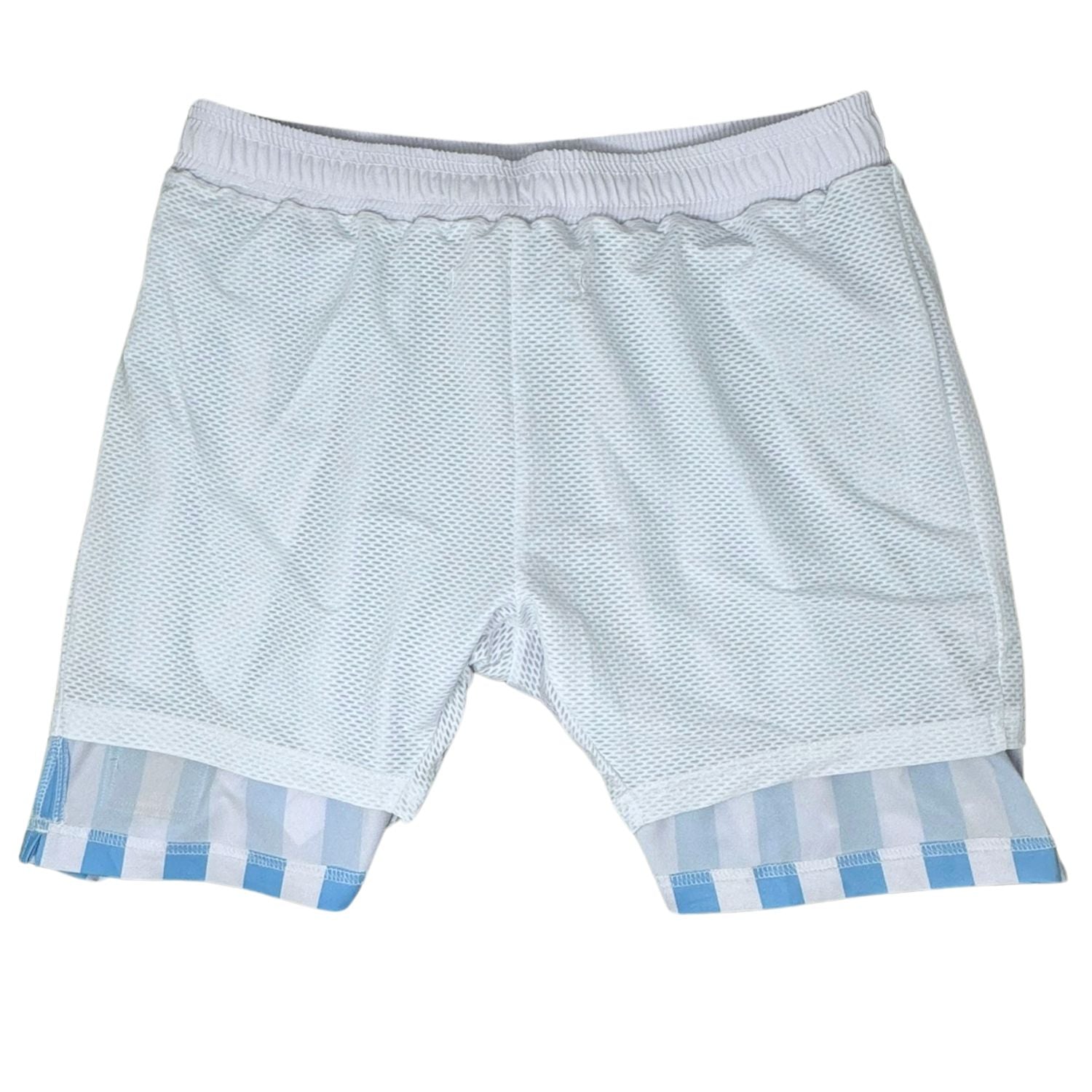 Light blue athletic shorts with striped cuffs on a white background