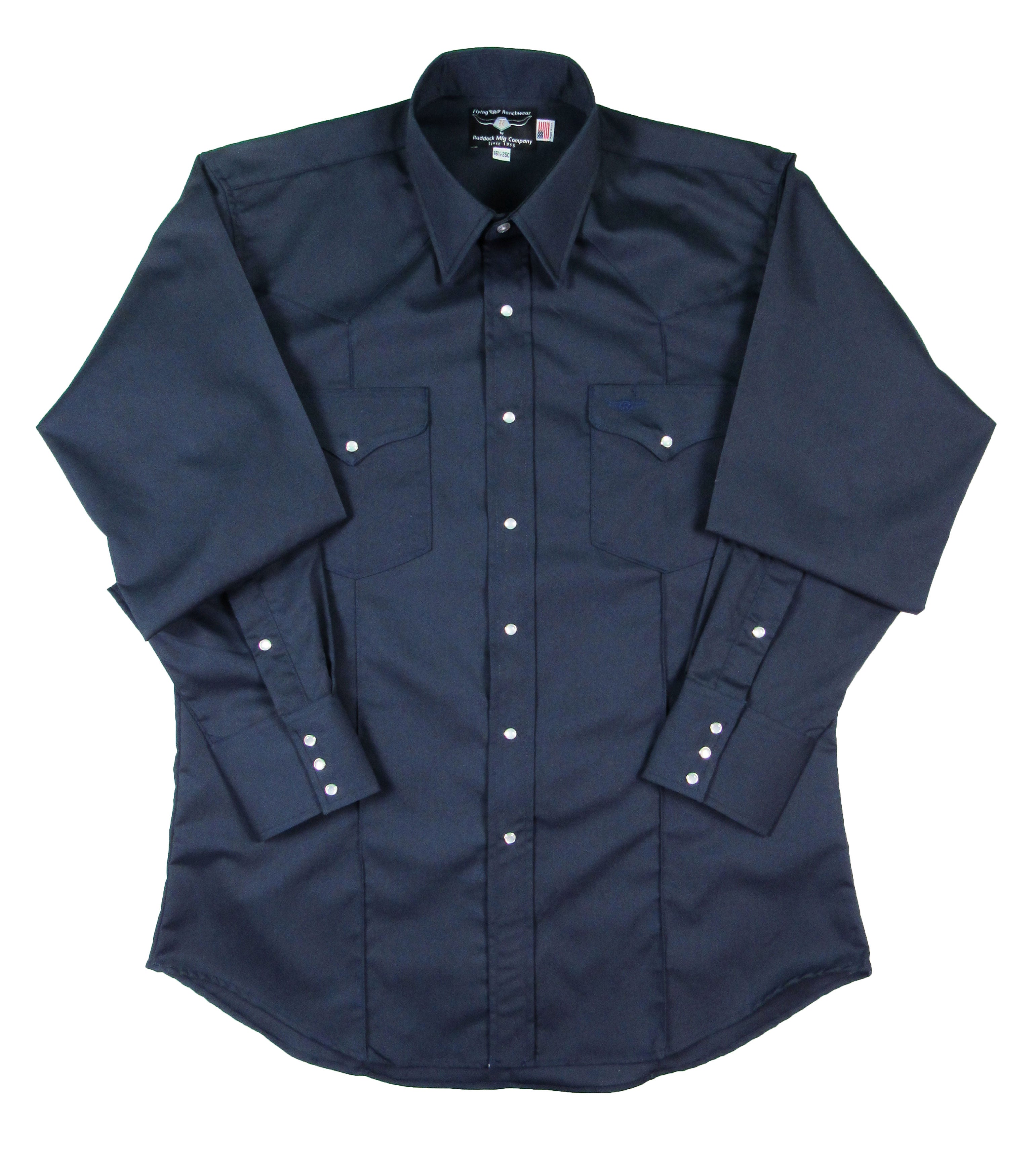 Navy blue shirt with long sleeves on a white background
