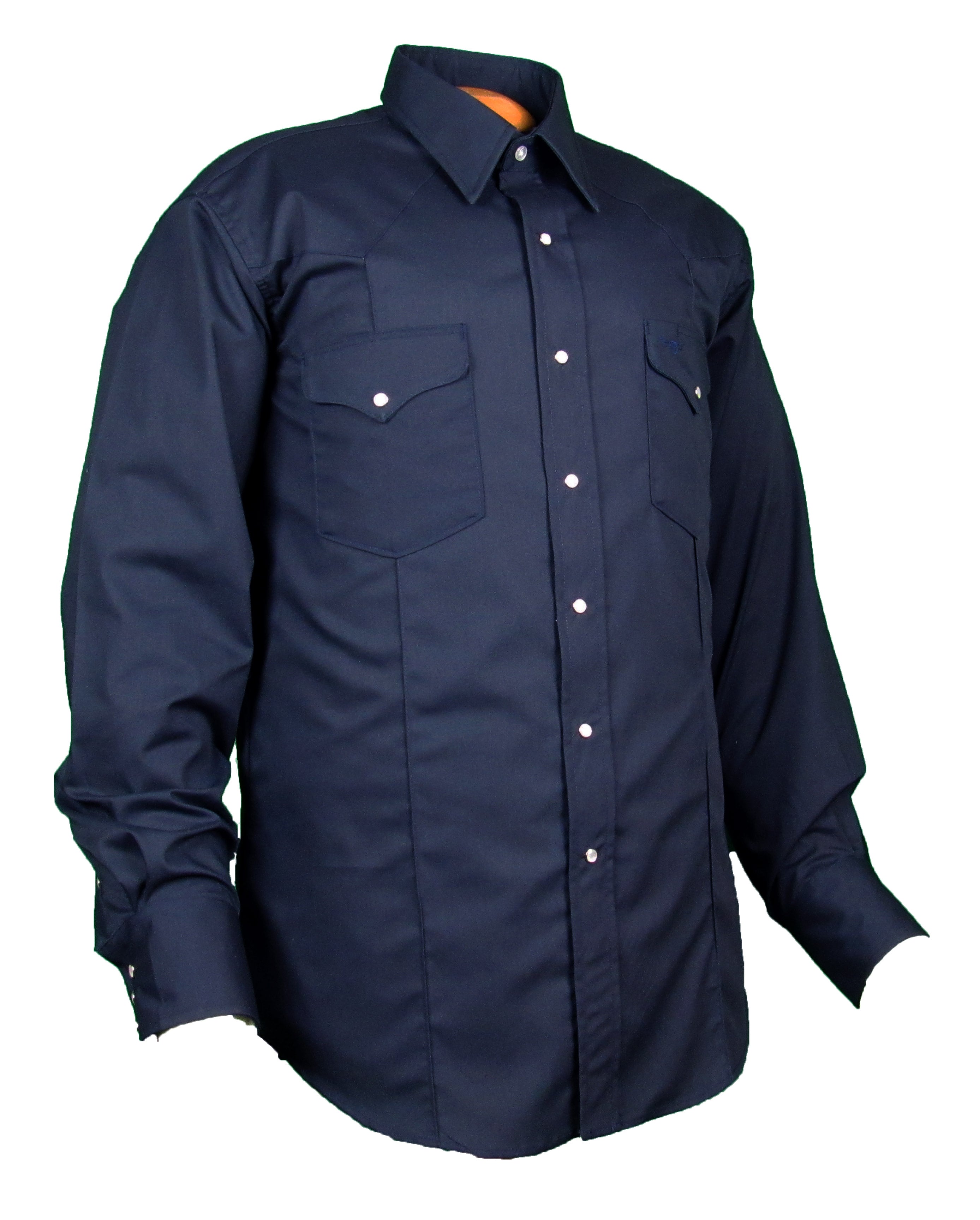 Navy blue shirt with white buttons on a white background
