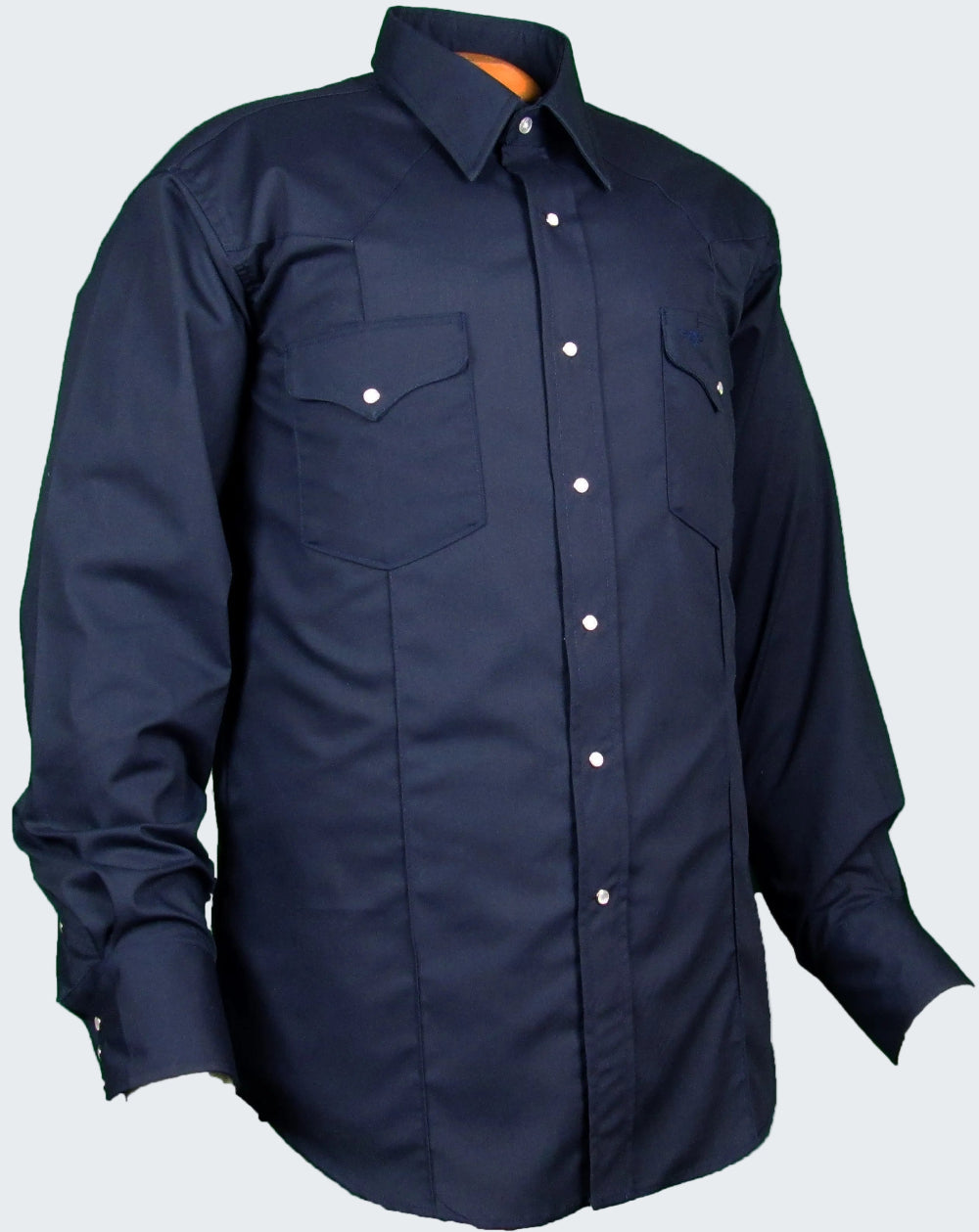Navy blue shirt with button details on a white background