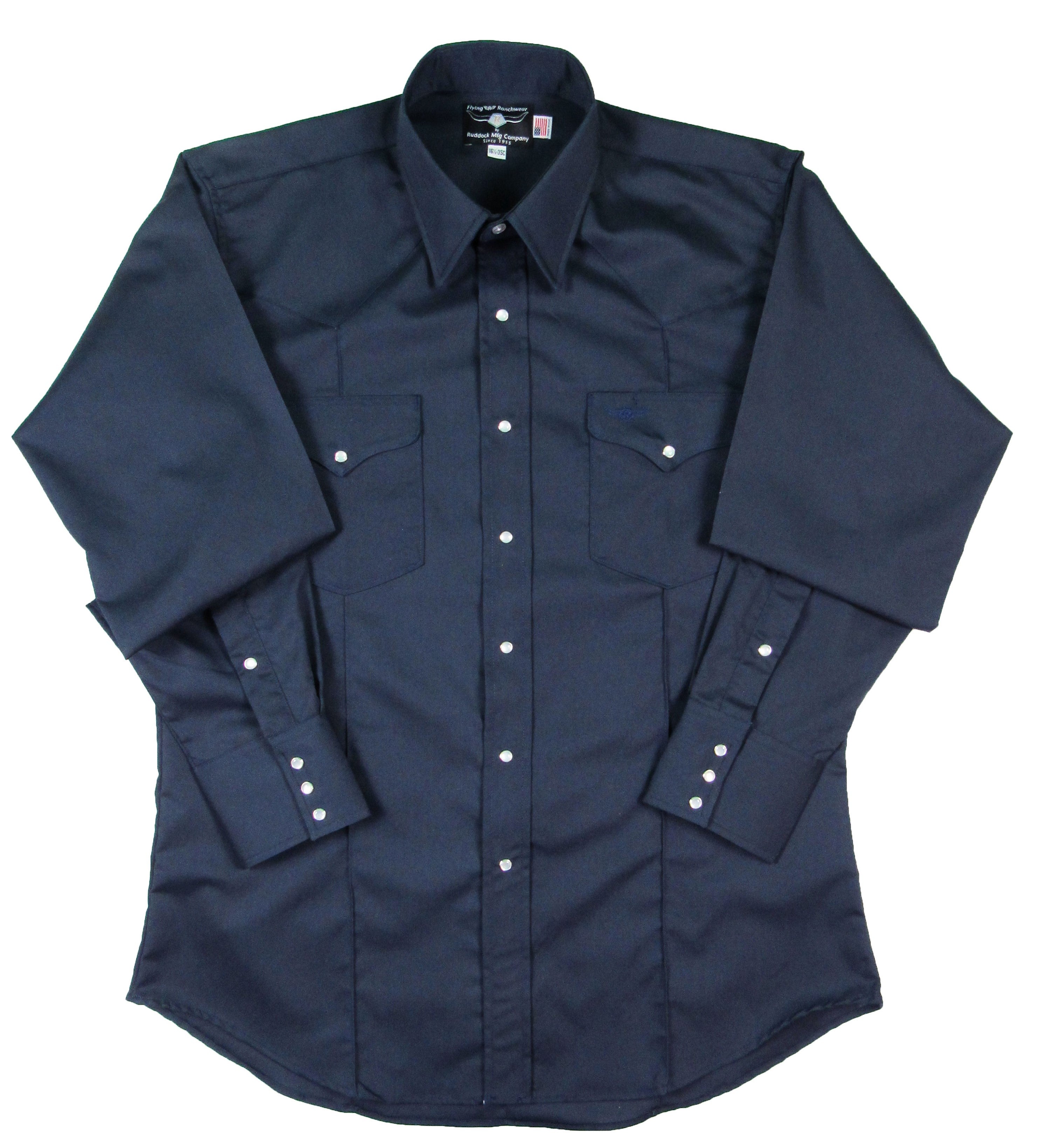 Navy blue shirt with button details on a white background
