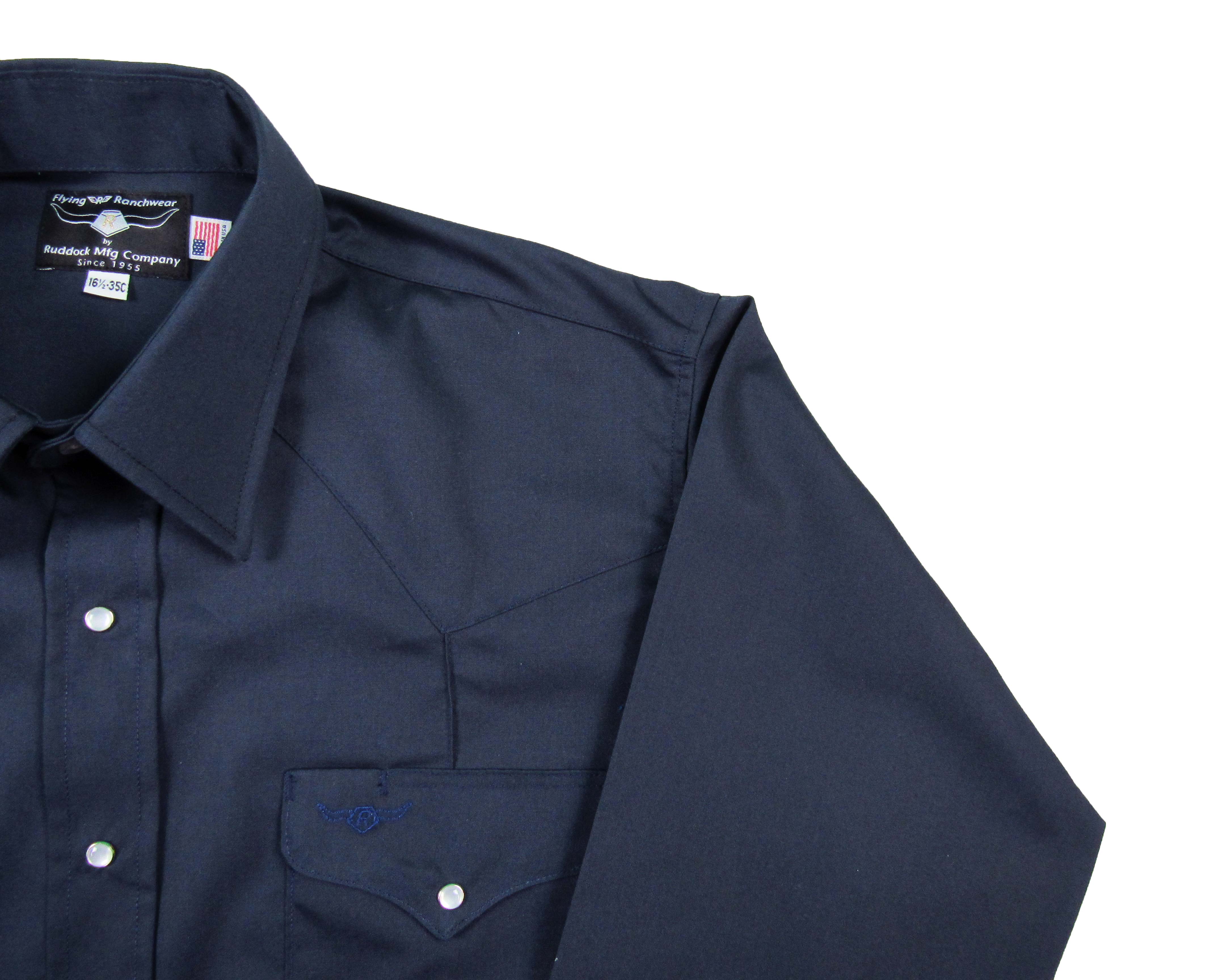 Navy blue shirt with collar and pocket on a white background