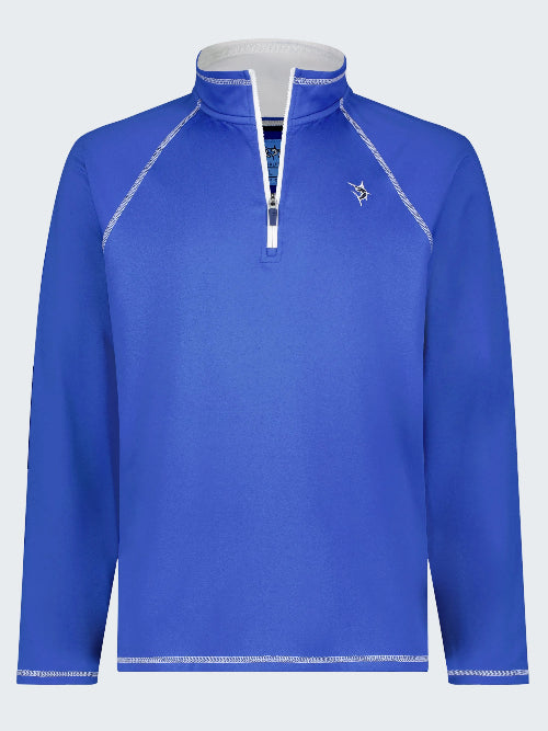 Blue long-sleeve shirt with a white zipper on a white background