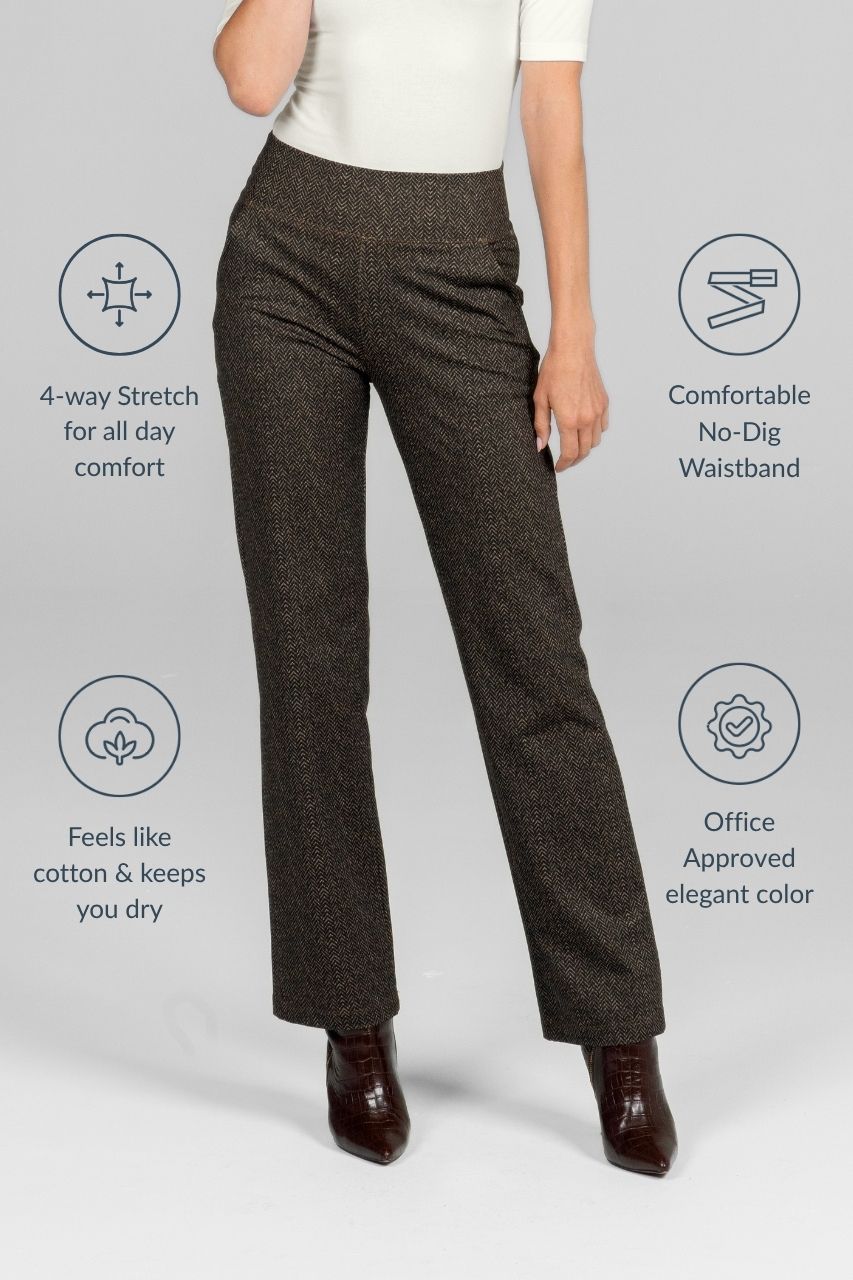 Brown pants worn by a person on a light gray background with text highlighting features.