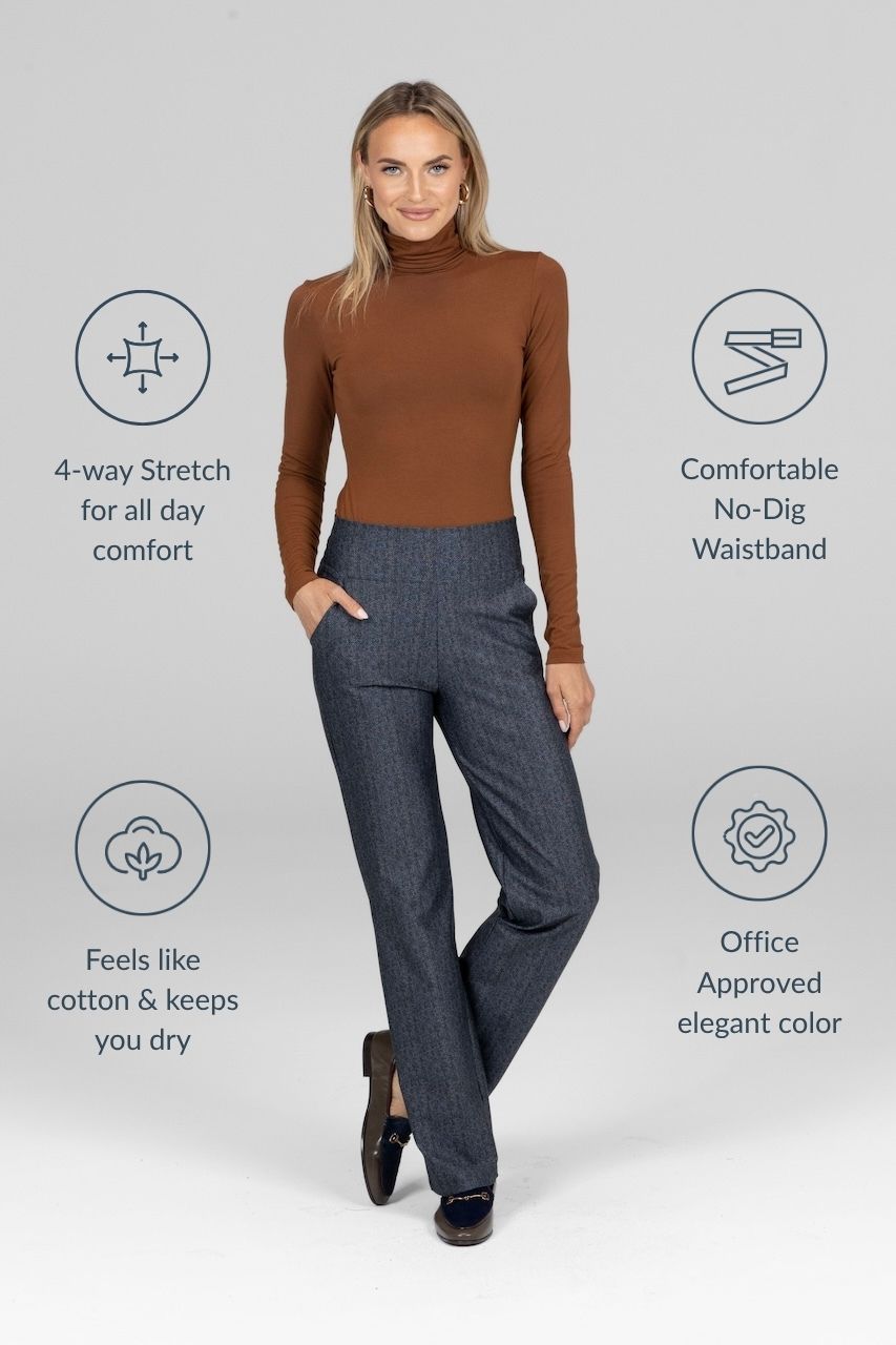 Woman wearing a brown turtleneck and gray pants with product features highlighted on a light gray background.