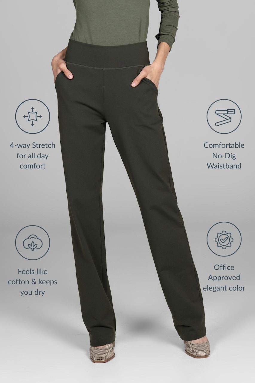 Dark gray pants with text highlighting features on a light gray background