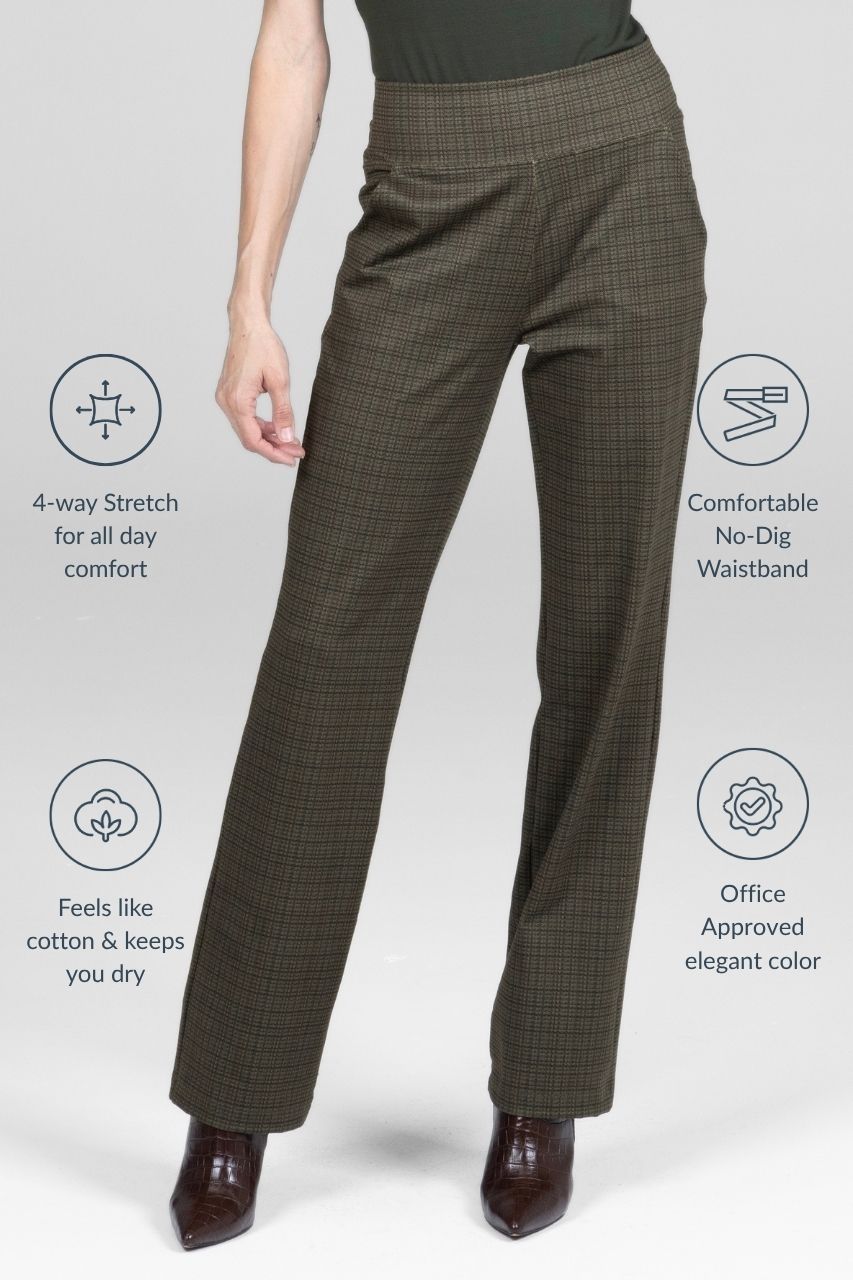 Brown plaid pants with comfort features on a gray background