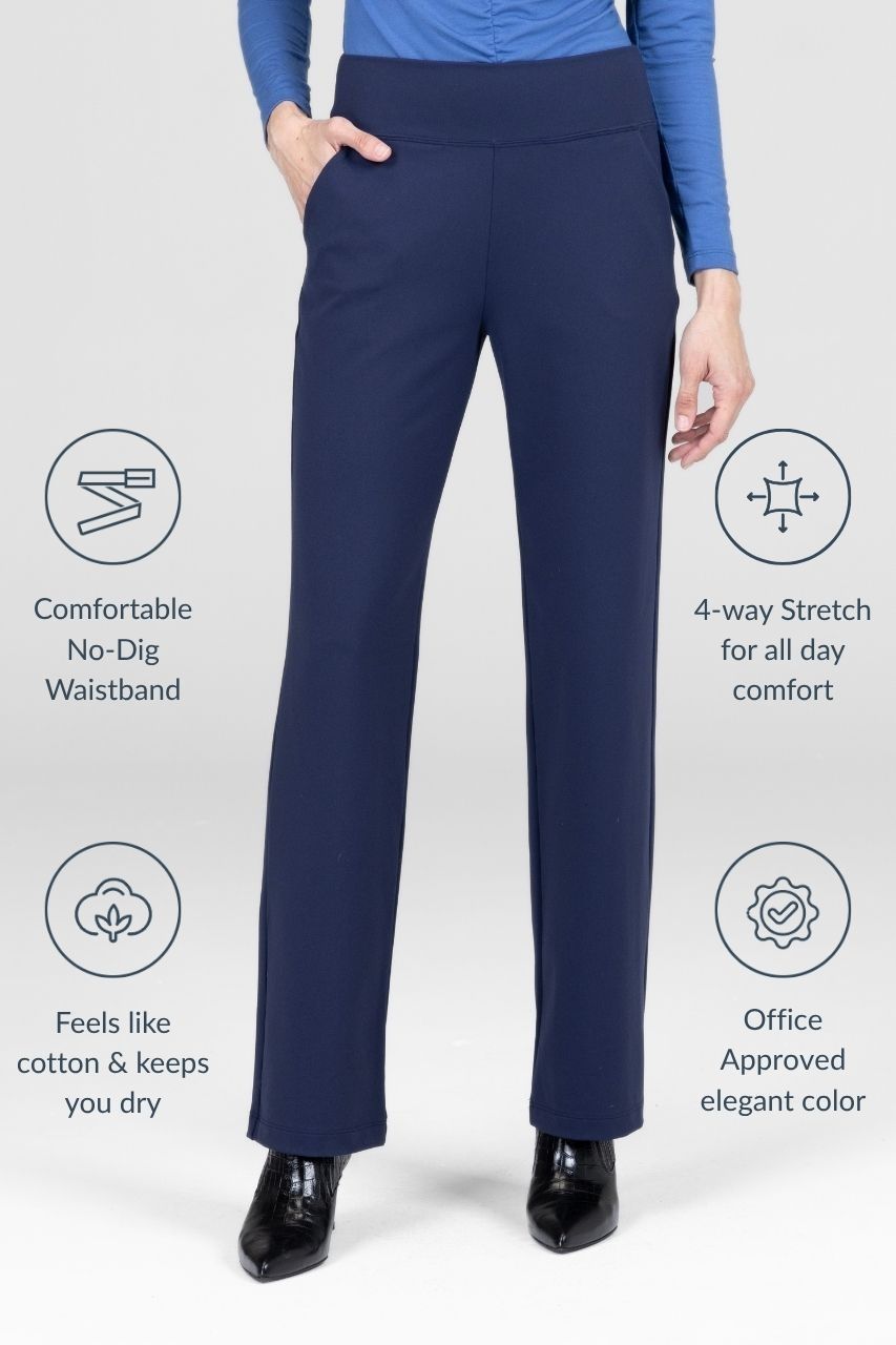 Navy blue pants with features highlighted on a white background