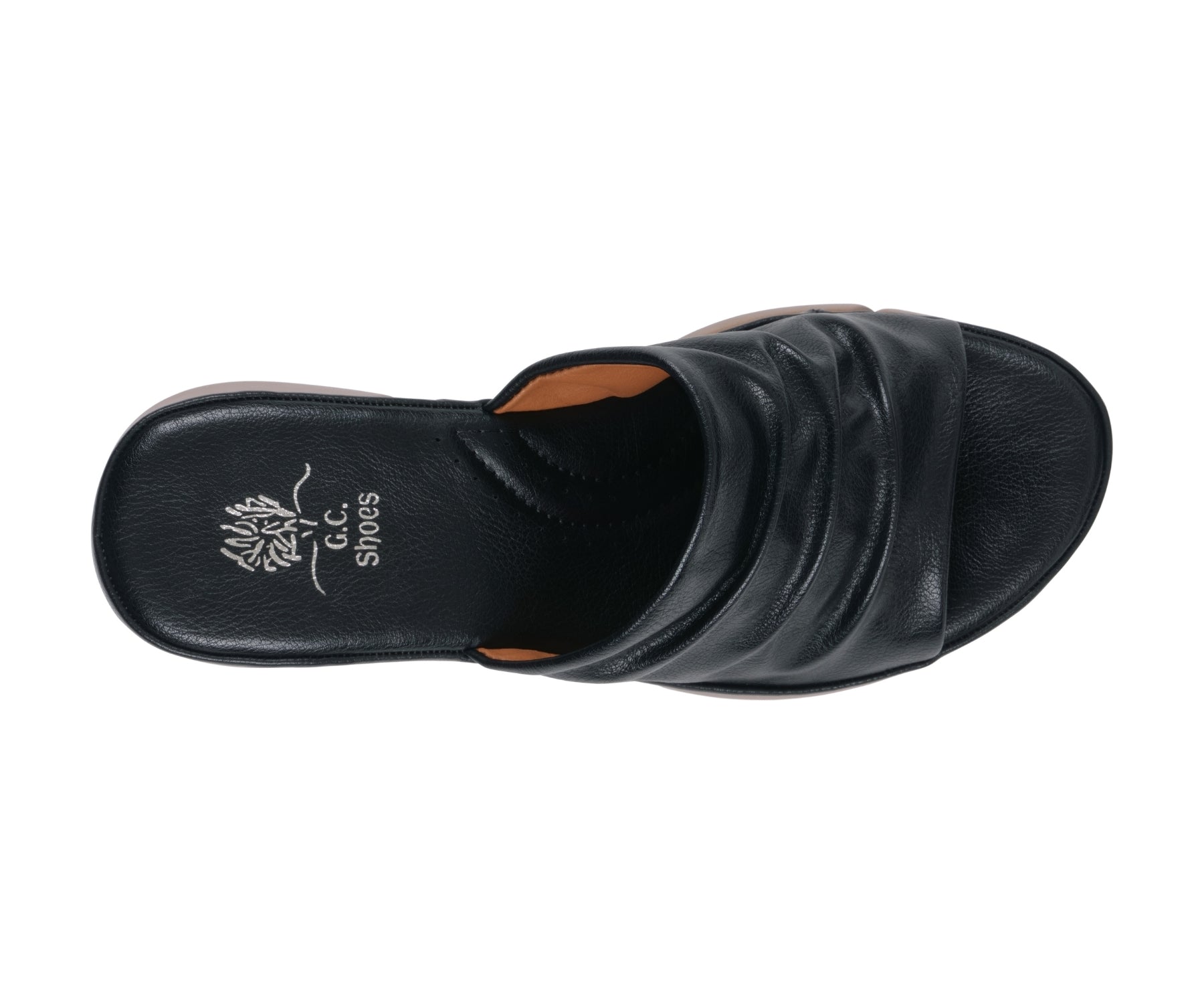 Black sandal with visible brand logo on a white background