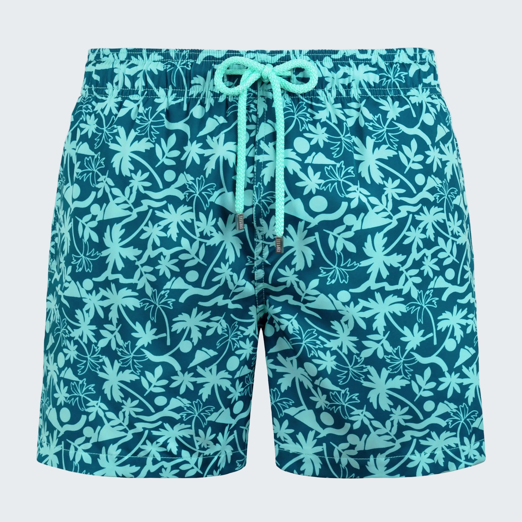 Teal swim shorts with a floral pattern on a white background