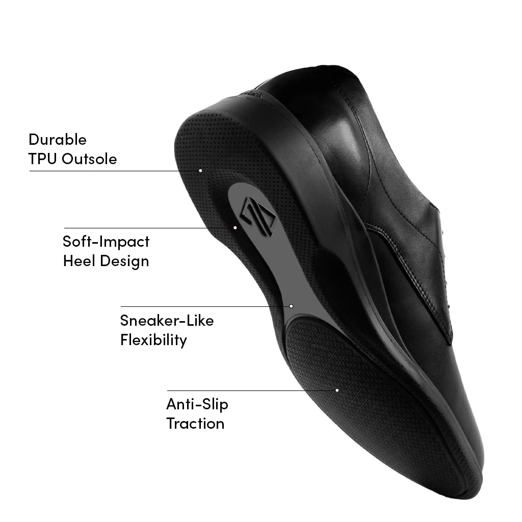Black shoe sole with labeled features on a white background