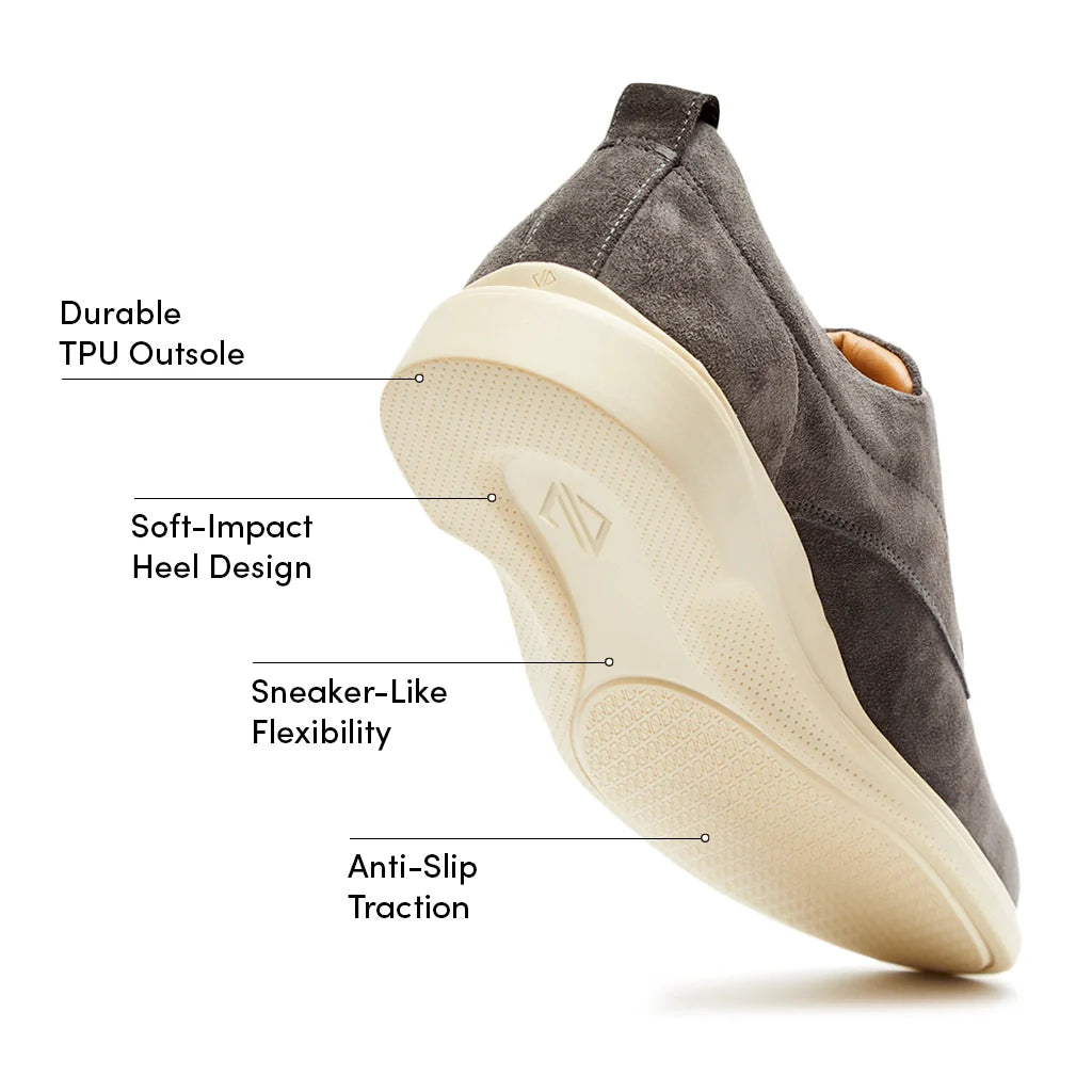 Gray slip-on shoe with features labeled on a white background